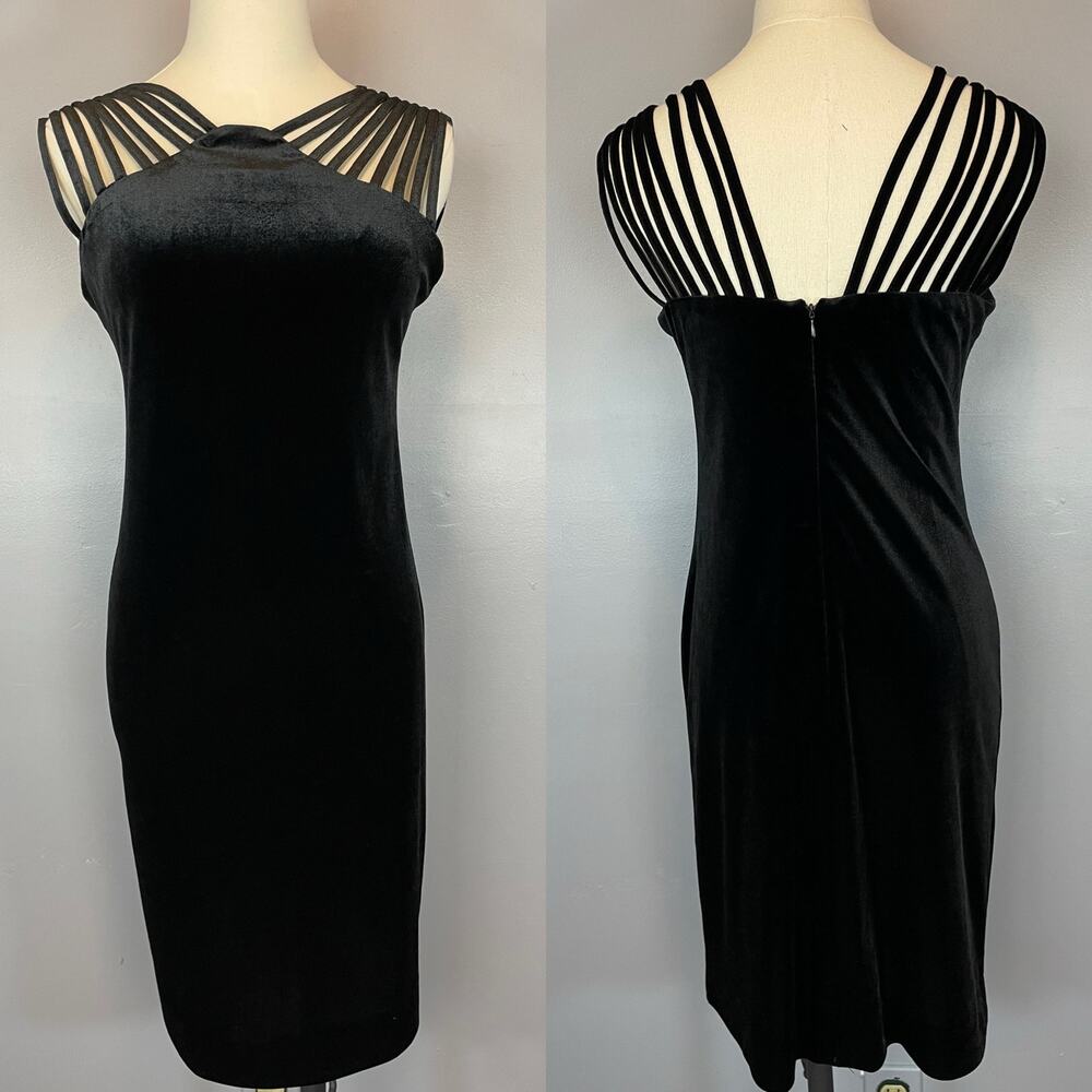 Nicole Miller Studio Black Velour Stretch Velvet Bodycon Sleeve Dress Small Med